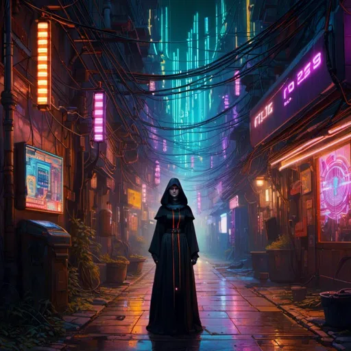 Prompt: A <mymodel> landscape artwork of a witch hunter nun 

 in the middle  
of a gloomy alley

full of multicolored neon circuit board patterns glowing in the darkness

, a stunning Alphonse Mucha's masterpiece in  sci-fi retro-futuristic art deco artstyle by Anders Zorn and Joseph Christian Leyendecker

, neat and clear tangents full of negative space 

, ominous dramatic lighting with detailed shadows and highlights enhancing depth of perspective and 3D volumetric drawing

, a  vibrant and colorful high quality digital  painting in HDR