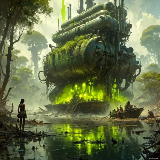 Prompt: A <mymodel> a concept environment ar landscape  

of a gloomy and somber mangrove swamp

with a monolith ark 

full oozing green glass tanks 

shedding flaring volumetric light shafts throughout the darkness 

of a threatening noxious toxic wasteland 

, a stunning Donato Giancola masterpiece in post-apocalyptic sci-fi dieselpunk artstyle by Anders Zorn and Joseph Christian Leyendecker 

, neat and clear tangents full of negative space 

, ominous dramatic lighting with detailed shadows and highlights enhancing depth of perspective and 3D volumetric drawing

, colorful vibrant painting in HDR with shiny shimmering reflections