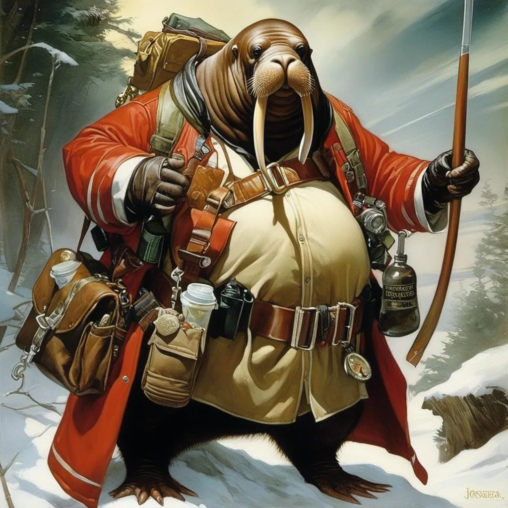 An anthropomorphic walrus wearing an artic explor...