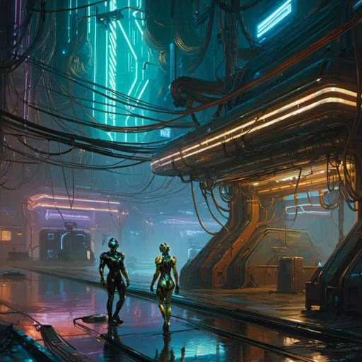 Prompt: A <mymodel> landscape artwork of a threatening  and somber warframe

crossing a gloomy facility

full of hanging hoses and multicolored neon circuit board patterns glowing in the darkness

, a stunning Donato Giancola's masterpiece in  sci-fi retro-futuristic art deco artstyle by Anders Zorn and Joseph Christian Leyendecker

, neat and clear tangents full of negative space 

, ominous dramatic lighting with detailed shadows and highlights enhancing depth of perspective and 3D volumetric drawing

, a  vibrant and colorful high quality digital  painting in HDR