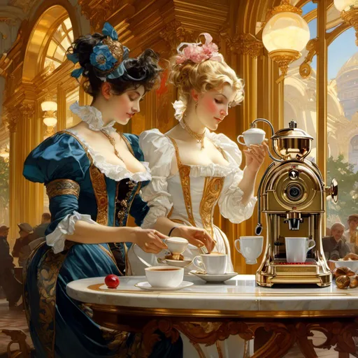 Prompt: A luxurious and lustrous 

coffee  machine

, a stunning Alphonse Mucha's masterpiece in <mymodel> barroque rococo artstyle by Anders Zorn and Joseph Christian Leyendecker

, neat and clear tangents full of negative space 

, a dramatic lighting with detailed shadows and highlights enhancing depth of perspective and 3D volumetric drawing

, a  vibrant and colorful high quality digital  painting in HDR
