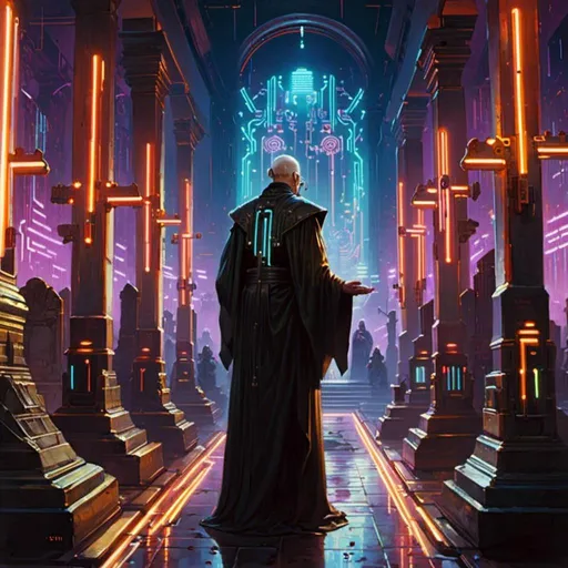 Prompt: A <mymodel> landscape artwork of a threatening  and somber grand priest inquisitor

 in the middle  
of a cemetery

full of tombstones and multicolored neon circuit board patterns glowing in the darkness

, a stunning Donato Giancola's masterpiece in  sci-fi retro-futuristic art deco artstyle by Anders Zorn and Joseph Christian Leyendecker

, neat and clear tangents full of negative space 

, ominous dramatic lighting with detailed shadows and highlights enhancing depth of perspective and 3D volumetric drawing

, a  vibrant and colorful high quality digital  painting in HDR