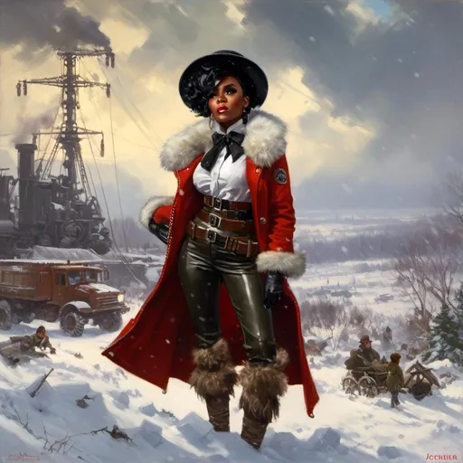 Prompt: A portrait of  Janelle Monae as an atompunk  artic explorer full of snowflakes  in  the middle of  a battlefield with a  heavy snowstorm 

, a stunning Donato Giancola's masterpiece in <mymodel> Dieselpunk artstyle by Anders Zorn and Joseph Christian Leyendecker

, neat and clear tangents full of negative space 

, a dramatic lighting with detailed shadows and highlights enhancing depth of perspective and 3D volumetric drawing

, a  vibrant and colorful high quality digital  painting in HDR