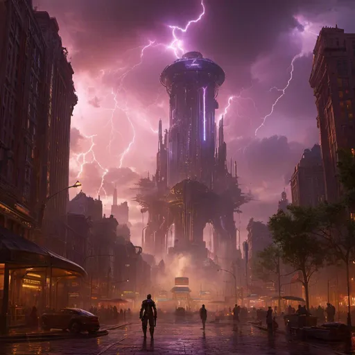 Prompt: A <mymodel> a concept environment art landscape 

of a gloomy and somber 
plaza

with a towering mechanical monolith ark full of vapor streams and glowing arcing lightnings 

shedding flaring volumetric light shafts throughout the darkness 

of a threatening sinister utopian metropolis engulfed by a lightning  rainstorm

, a stunning Alphonse  Mucha masterpiece in retro-futuristic dieselpunk artstyle by Anders Zorn and Joseph Christian Leyendecker 

, neat and clear tangents full of negative space 

, ominous dramatic lighting with macabre somber shadows and highlights enhancing depth of perspective and 3D volumetric drawing

, colorful vibrant painting in HDR with shiny shimmering reflections and intricate detailed ambient occlusion