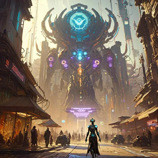 Prompt: A <mymodel> concept art illustration of a threatening somber warframe crossing a gloomy plaza full of multicolored circuitry patterns shedding flaring volumetric light shafts throughout the darkness of  a doomed wasteland metropolis

, a stunning Alphonse mucha masterpiece in retro-futuristic sci-fi art deco artstyle by Anders Zorn and Joseph Christian Leyendecker 

, neat and clear tangents full of negative space 

, ominous dramatic lighting with detailed shadows and highlights enhancing depth of perspective and 3D volumetric drawing

, colorful vibrant painting in HDR with shiny shimmering reflections