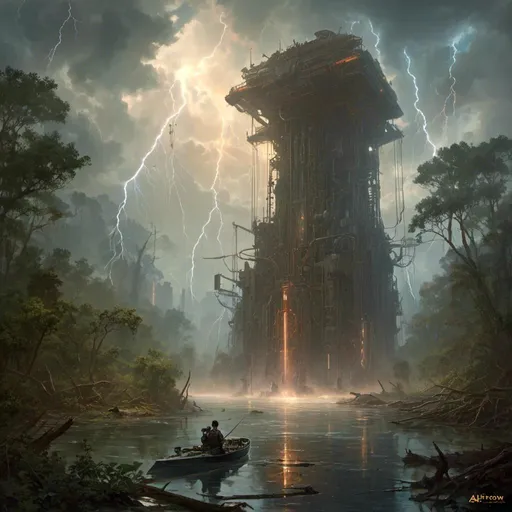 Prompt: A <mymodel> a concept environment art landscape 

of a gloomy and somber snowy mangrove swamp 

with a towering mechanical monolith ark full of vapor streams and glowing arcing lightnings 

shedding flaring volumetric light shafts throughout the darkness 

of a threatening sinister jungly  wasteland engulfed by a rainstorm

, a stunning Alphonse  Mucha masterpiece in retro-futuristic dieselpunk artstyle by Anders Zorn and Joseph Christian Leyendecker 

, neat and clear tangents full of negative space 

, ominous dramatic lighting with macabre somber shadows and highlights enhancing depth of perspective and 3D volumetric drawing

, colorful vibrant painting in HDR with shiny shimmering reflections and intricate detailed ambient occlusion