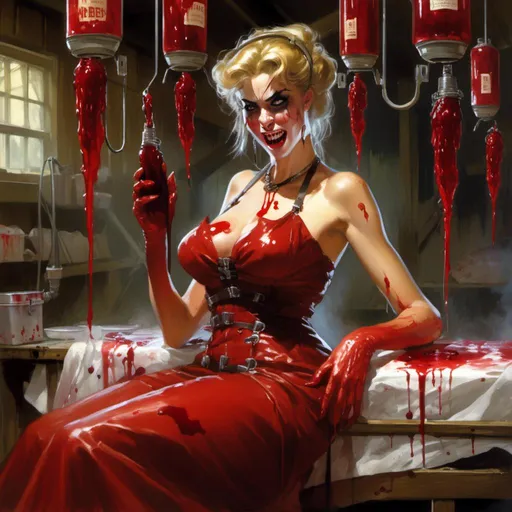 Prompt: Concept art illustration

of a beautiful luxurious pin-up 

making a malicious silly face

while taking hemodialysis 

in the middle 
of her gloomy barn

full of medical blood bag stands with oozing blood and hanging blood tubings

, a stunning Luis Royo masterpiece in <mymodel> art deco horror artstyle by Anders Zorn and Joseph Christian Leyendecker 

, neat and clear tangents full of negative space 

, ominous dramatic lighting with detailed shadows and highlights enhancing depth of perspective and 3D volumetric drawing

, colorful vibrant painting in HDR