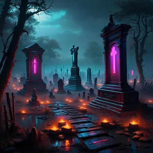 Prompt: An ominous and gloomy cemetery  
in the middle of a gloomy doomed swamp

full  of tombstones with 

multicolored neon circuitry glowing in the darkness 

, a stunning John Avon's masterpiece in <mymodel>  sci-fi cyberpunk artstyle by Brian Mashburn and Gustave Dore

, a  dramatic lighting with detailed shadows and highlights enhancing perspective depth  and 3D volumetric drawing 

, vibrant and colorful digital painting in HDR  