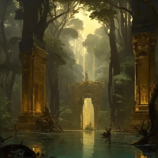 Prompt: A <mymodel> a concept environment art landscape  

of a gloomy and somber 
mangrove  swamp

with a towering monolith ark 

made of black marble and  golden lustrous ornaments 

with it's reflections shedding flaring volumetric light shafts throughout the darkness 

of a threatening sinister jungle engulfed by a rainstorm

, a stunning Alphonse Mucha masterpiece in delicate barroque rococo artstyle by Anders Zorn and Joseph Christian Leyendecker 

, neat and clear tangents full of negative space 

, ominous dramatic lighting with detailed shadows and highlights enhancing depth of perspective and 3D volumetric drawing

, colorful vibrant painting in HDR with shiny shimmering reflections