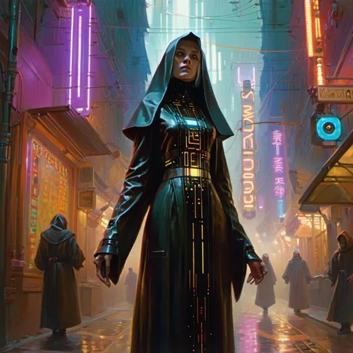 Prompt: The concept art illustration of a threatening somber nun inquisitor crossing a gloomy alley in the middle of a doomed  metropolis lit by multicolored glowing circuitry patterns  

, a stunning Donato  Giancola masterpiece in <mymodel> retro-futuristic sci-fi art deco artstyle by Anders Zorn and Joseph Christian Leyendecker 

, neat and clear tangents full of negative space 

, ominous dramatic lighting with detailed shadows and highlights enhancing depth of perspective and 3D volumetric drawing

, colorful vibrant painting in HDR with shiny shimmering reflections