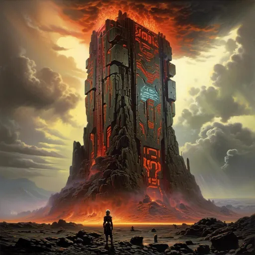 Prompt: A threatening sinister monolith 
full of multicolored circuitry carvings shedding flaring volumetric light shafts in the darkness of gloomy charred lava field engulfed by the smoggy carbon clouds

, a stunning John Avon masterpiece in <mymodel> retro-futuristic sci-fi arc deco artstyle by Anders Zorn and Joseph Christian Leyendecker 

, neat and clear tangents full of negative space 

, ominous dramatic lighting with detailed shadows and highlights enhancing depth of perspective and 3D volumetric drawing

, colorful vibrant painting in HDR with shiny shimmering reflections