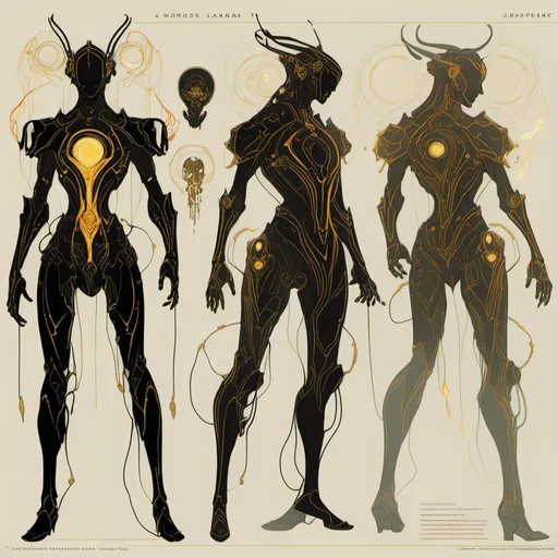 Prompt: A  <mymodel>  
turnaround reference sheet for the concept  character design of 

an ominous and  gloomy  warframe cyborg 

full of carved circuit board lanes glowing  in the  darkness 

, a stunning Alphonse  Mucha's masterpiece by Victo Ngai and Aaron Horkey

, a dramatic lighting with detailed shadows and highlights enhancing depth of perspective and 3D volumetric drawing

, a  vibrant and colorful high quality digital  painting in HDR