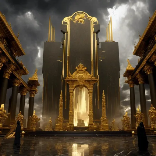 Prompt: A <mymodel> a concept environment art landscape  

of a gloomy and somber 
plaza

with a towering monolith ark 

made of black  marble and  golden lustrous ornaments 

with reflections shedding flaring volumetric light shafts throughout the darkness 

of a threatening sinister utopian metropolis engulfed by a rainstorm

, a stunning Alphonse Mucha masterpiece in delicate barroque rococo artstyle by Anders Zorn and Joseph Christian Leyendecker 

, neat and clear tangents full of negative space 

, ominous dramatic lighting with detailed shadows and highlights enhancing depth of perspective and 3D volumetric drawing

, colorful vibrant painting in HDR with shiny shimmering reflections