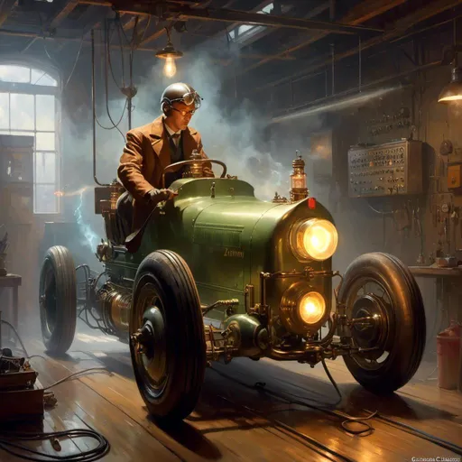 Prompt: The <mymodel> concept art

of a vintage dieselpunk electric dragster with an engine blower full of attached fuses and vintage radio valves with arcing lightnings in the middle of a misty  and gloomy somber unlit garage 


, a stunning Donato Giancola masterpiece in retro-futuristic dieselpunk artstyle by Anders Zorn and Joseph Christian Leyendecker 

, neat and clear tangents full of negative space 

, ominous dramatic lighting with macabre somber shadows and highlights enhancing depth of perspective and 3D volumetric drawing

, colorful vibrant painting in HDR with shiny shimmering reflections and intricate detailed ambient occlusion