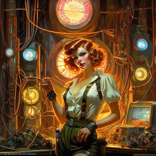 Prompt: An ominous and gloomy 

Atompunk pin-up electrician
in the  middle of  a doomed workshop

full of TV tubes with hanging 
 cables and multicolored neon circuitry glowing in the  darkness

, a stunning Alphonse Mucha's masterpiece in <mymodel> sci-fi retro-futuristic  art deco artstyle by Anders Zorn and Joseph Christian Leyendecker

, neat and clear tangents full of negative space 

, a dramatic lighting with detailed shadows and highlights enhancing depth of perspective and 3D volumetric drawing

, a  vibrant and colorful high quality digital  painting in HDR