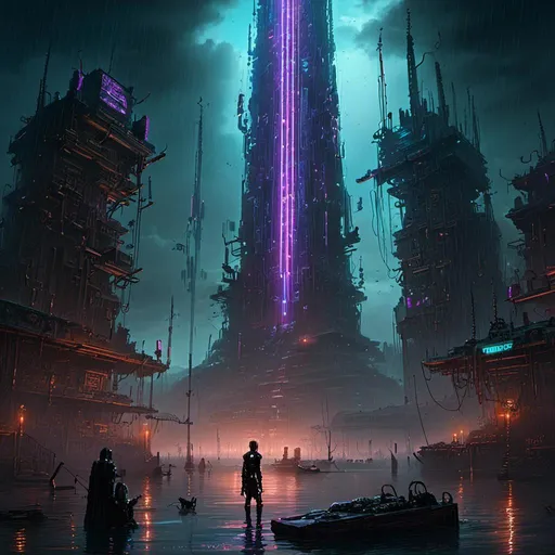 Prompt: An ominous and towering obelisk floating in the middle of a gloomy flooded mangroove 

full  of multicolored neon circuitry glowing in the darkness 

, a stunning John Avon's masterpiece in <mymodel>  sci-fi cyberpunk artstyle by Brian Mashburn and Gustave Dore

, a  dramatic lighting with detailed shadows and highlights enhancing perspective depth  and 3D volumetric drawing 

, vibrant and colorful digital painting in HDR  