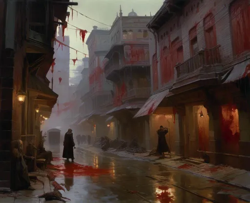 Prompt: The landscape concept environment art of a threatening somber alley in the middle of a gloomy city made of gory pustulent flesh tumors full bulging veins and oozing blood during a bloodstorm

, a stunning Donato Giancola masterpiece in <mymodel> gothic sci-fi artstyle by Anders Zorn and Joseph Christian Leyendecker 

, neat and clear tangents full of negative space 

, ominous dramatic lighting with detailed shadows and highlights enhancing depth of perspective and 3D volumetric drawing

, colorful vibrant painting in HDR