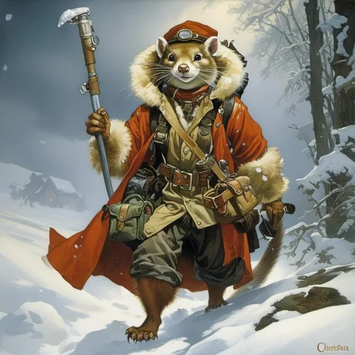 Prompt: A medieval anthropomorphic  

Weasel

tinkerer artificer

wearing an artic explorer outfit  with adventuring gear full of pockets and harness holster belts

in the middle  of a  snowstorm

, a stunning Alphonse Mucha's masterpiece in <mymodel> fantasy  artstyle by Anders Zorn and Joseph Christian Leyendecker

, neat and clear tangents full of negative space 

, a dramatic lighting with detailed shadows and highlights enhancing depth of perspective and 3D volumetric drawing

, a  vibrant and colorful high quality digital  painting in HDR