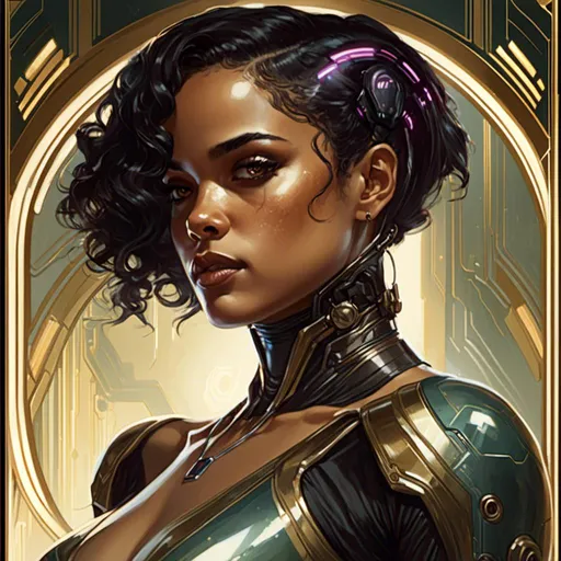 Prompt: A <mymodel> portrait artwork of the threatening  sinister
Tessa Thompson

as a gloomy alien warframe pin-up

, a stunning Alphonse Mucha's masterpiece in  sci-fi retro-futuristic art deco artstyle by Anders Zorn and Joseph Christian Leyendecker

, neat and clear tangents full of negative space 

, ominous dramatic lighting with detailed shadows and highlights enhancing depth of perspective and 3D volumetric drawing

, a  vibrant and colorful high quality digital  painting in HDR