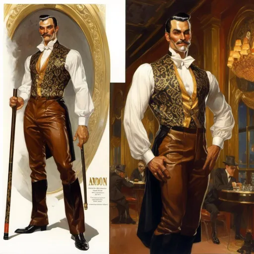 Prompt: A <mymodel> concept character design reference sheet of a 
luxurious vintage art deco spanish socialite gentleman swindler with  a  wide muscly perfect body shape leaning on an expensive adorned cane with his shirt open showing his tattooed chest

, a stunning Donato Giancola masterpiece in brutal vintage art deco artstyle by Anders Zorn and Joseph Christian Leyendecker 

, neat and clear tangents full of negative space 

, ominous dramatic lighting with detailed shadows and highlights enhancing depth of perspective and 3D volumetric drawing

, colorful vibrant painting in HDR with shiny shimmering reflections