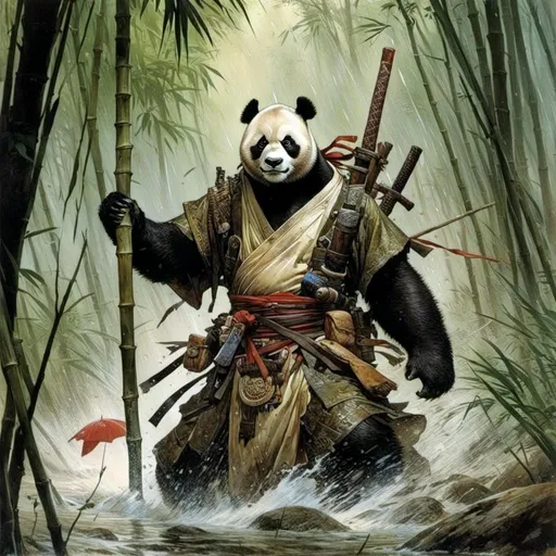 Prompt: A <mymodel> portrait of 

a muscly and threatening fierceful 
anthropomorphic 

panda 

as an oriental martial arts monk  

crossing a gloomy 

flooded bamboo forest  

 in  the middle  of a  rainstorm

, a stunning Frank Frazetta masterpiece by  Donato  Giancola  and  Terese Nielsen

, neat and clean composition made of neat and clear tangents full of negative space 

, ominous dramatic lighting with detailed shadows and highlights enhancing depth of perspective and 3D volumetric drawing

, a vibrant and colorful painting in HDR