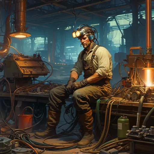 Prompt: A <mymodel> landscape artwork of an ominous and gloomy 

mechanic welder in the middle  
of a doomed junkyard

full of hanging hoses and  multicolored neon circuit board patterns glowing in the darkness

, a stunning Alphonse Mucha's masterpiece in  sci-fi retro-futuristic art deco artstyle by Anders Zorn and Joseph Christian Leyendecker

, neat and clear tangents full of negative space 

, a dramatic lighting with detailed shadows and highlights enhancing depth of perspective and 3D volumetric drawing

, a  vibrant and colorful high quality digital  painting in HDR