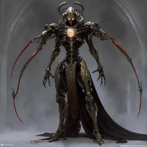 Prompt: A  full body concept character design of a threatening and gloomy biomechanical hi-tech warframe cyberware full of carved glowing circuit board patterns

 , a stunning Donato Giancola's masterpiece 

in <mymodel> gothic sci-fi horror

by Gerald Brom  and Luis Royo


, neat and clear tangents full of negative space 

, ominous dramatic lighting with detailed shadows and highlights enhancing depth of perspective and 3D volumetric drawing

, a vibrant and colorful high quality digital painting in HDR