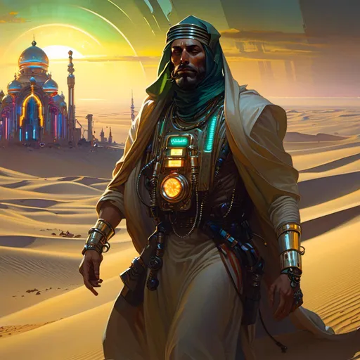 Prompt: An ominous and gloomy arabian prince  crossing the dunes  in the middle of doomed wastelands  with multicolored neon circuitry glowing in the darkness

, a stunning Alphonse Mucha's masterpiece in <mymodel> sci-fi retro-futuristic  artstyle by Anders Zorn and Joseph Christian Leyendecker

, neat and clear tangents full of negative space 

, a dramatic lighting with detailed shadows and highlights enhancing depth of perspective and 3D volumetric drawing

, a  vibrant and colorful high quality digital  painting in HDR