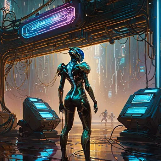 Prompt: A <mymodel> landscape artwork of a threatening  and somber warframe

crossing a gloomy facility

full of hanging hoses and multicolored neon circuit board patterns glowing in the darkness

, a stunning Donato Giancola's masterpiece in  sci-fi retro-futuristic art deco artstyle by Anders Zorn and Joseph Christian Leyendecker

, neat and clear tangents full of negative space 

, ominous dramatic lighting with detailed shadows and highlights enhancing depth of perspective and 3D volumetric drawing

, a  vibrant and colorful high quality digital  painting in HDR