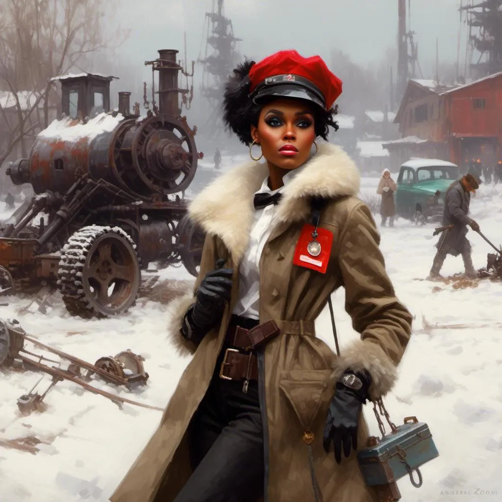 Prompt: A beutiful portrait of Janelle Monae dressed as a mechanic tinkerer crossing a  snowy junkyard

in <mymodel> artstyle

, a stunning Donato Giancola's masterpiece by Anders Zorn and  Joseph Christian Leyendecker