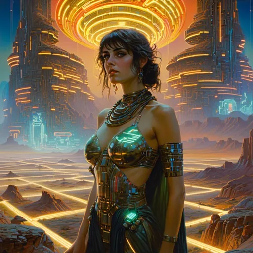 Prompt: A <mymodel> landscape artwork of the threatening  and somber princess of persia

in the middle  
of doomed badlands

full of multicolored neon circuit board patterns glowing in the darkness

, a stunning Donato Giancola's masterpiece in  sci-fi retro-futuristic art deco artstyle by Anders Zorn and Joseph Christian Leyendecker

, neat and clear tangents full of negative space 

, ominous dramatic lighting with detailed shadows and highlights enhancing depth of perspective and 3D volumetric drawing

, a  vibrant and colorful high quality digital  painting in HDR