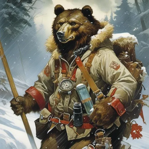 Prompt: A medieval anthropomorphic  werebear 

wearing an artic explorer outfit  with adventuring gear full of pockets and harness holster belts

in the middle  of a  snowstorm

, a stunning Alphonse Mucha's masterpiece in <mymodel> sci-fi fantasy  artstyle by Anders Zorn and Joseph Christian Leyendecker

, neat and clear tangents full of negative space 

, a dramatic lighting with detailed shadows and highlights enhancing depth of perspective and 3D volumetric drawing

, a  vibrant and colorful high quality digital  painting in HDR