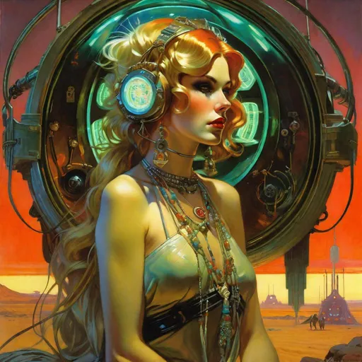 Prompt: An ominous and gloomy 

Atompunk gypsy pin-up 
in the  middle of  a doomed desert

full of scattered hanging 
 cables and multicolored neon circuitry glowing in the  darkness

, a stunning Alphonse Mucha's masterpiece in <mymodel> sci-fi retro-futuristic  art deco artstyle by Anders Zorn and Joseph Christian Leyendecker

, neat and clear tangents full of negative space 

, a dramatic lighting with detailed shadows and highlights enhancing depth of perspective and 3D volumetric drawing

, a  vibrant and colorful high quality digital  painting in HDR