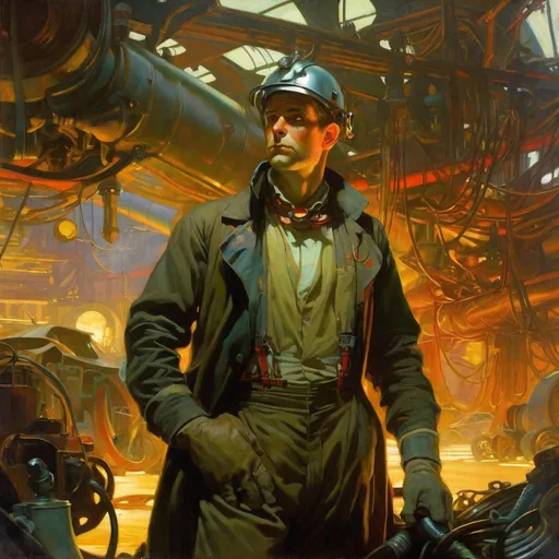 Prompt: An ominous and gloomy 

Mechanic engineer 
in the  middle of a doomed junkyard

full of hanging hoses and multicolored neon circuitry glowing in the  darkness

, a stunning Alphonse Mucha's masterpiece in <mymodel> sci-fi retro-futuristic  art deco artstyle by Anders Zorn and Joseph Christian Leyendecker

, neat and clear tangents full of negative space 

, a dramatic lighting with detailed shadows and highlights enhancing depth of perspective and 3D volumetric drawing

, a  vibrant and colorful high quality digital  painting in HDR