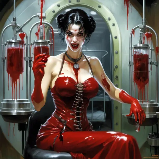 Prompt: Concept art illustration

of a beautiful luxurious pin-up 

making a malicious silly face

while taking hemodialysis 

in the middle 
of her gloomy hospital

full of gory medical blood bag stands with oozing blood

, a stunning Luis Royo masterpiece in <mymodel> art deco horror artstyle by Anders Zorn and Joseph Christian Leyendecker 

, neat and clear tangents full of negative space 

, ominous dramatic lighting with detailed shadows and highlights enhancing depth of perspective and 3D volumetric drawing

, colorful vibrant painting in HDR