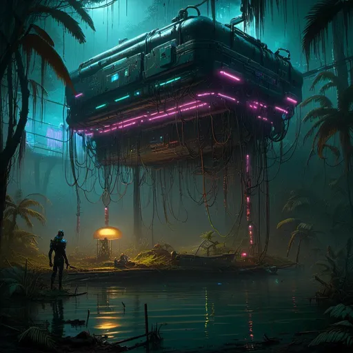Prompt: An ominous and gloomy jungle 
in the middle of a gloomy doomed swamp

full  of hanging hoses and multicolored neon circuitry glowing in the darkness 

, a stunning John Avon's masterpiece in <mymodel>  sci-fi cyberpunk artstyle by Brian Mashburn and Gustave Dore

, a  dramatic lighting with detailed shadows and highlights enhancing perspective depth  and 3D volumetric drawing 

, vibrant and colorful digital painting in HDR  