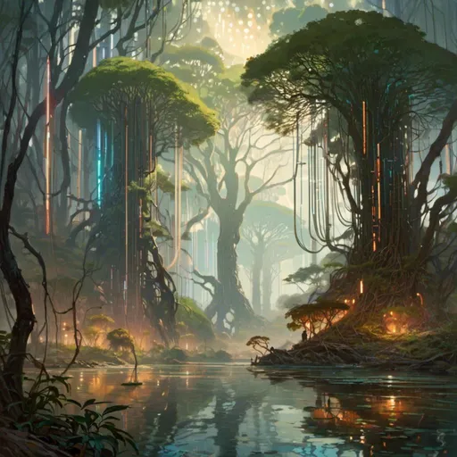 Prompt: A <mymodel> concept art landscape illustration of the threatening somber mangrove swamp with a towering willow tree fully carved by multicolored circuitry patterns shedding flaring volumetric light shafts throughout the darkness of a gloomy jungle full of hanging cables and hoses

, a stunning Alphonse mucha masterpiece in retro-futuristic sci-fi art deco artstyle by Anders Zorn and Joseph Christian Leyendecker 

, neat and clear tangents full of negative space 

, ominous dramatic lighting with detailed shadows and highlights enhancing depth of perspective and 3D volumetric drawing

, colorful vibrant painting in HDR with shiny shimmering reflections