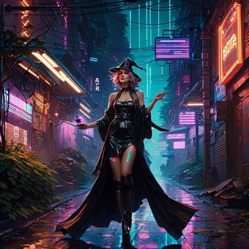 Prompt: A <mymodel> landscape artwork of a witch  

 in the middle  
of a gloomy alley

full of multicolored neon circuit board patterns glowing in the darkness

, a stunning Alphonse Mucha's masterpiece in  sci-fi retro-futuristic art deco artstyle by Anders Zorn and Joseph Christian Leyendecker

, neat and clear tangents full of negative space 

, ominous dramatic lighting with detailed shadows and highlights enhancing depth of perspective and 3D volumetric drawing

, a  vibrant and colorful high quality digital  painting in HDR