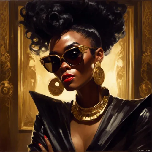 Prompt: A <mymodel> a concept character design portrait of janelle monae as an ominous scary african swindler pin-up with round sunglasses making an evil  malicious silly smile in the middle of a gloomy and somber unlit dark room

, a stunning Donato Giancola masterpiece in brutal vintage art deco artstyle by Anders Zorn and Joseph Christian Leyendecker 

, neat and clear tangents full of negative space 

, ominous dramatic lighting with detailed shadows and highlights enhancing depth of perspective and 3D volumetric drawing

, colorful vibrant painting in HDR with shiny shimmering reflections