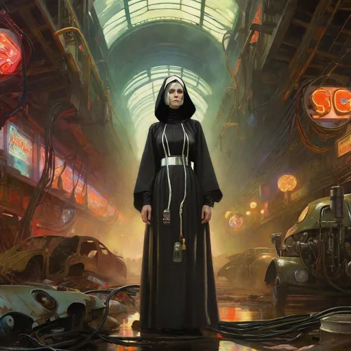 Prompt: An ominous and gloomy 

Nun 
in the  middle of a doomed junkyard

full of hanging hoses and multicolored neon circuitry glowing in the  darkness

, a stunning Alphonse Mucha's masterpiece in <mymodel> sci-fi retro-futuristic  art deco artstyle by Anders Zorn and Joseph Christian Leyendecker

, neat and clear tangents full of negative space 

, a dramatic lighting with detailed shadows and highlights enhancing depth of perspective and 3D volumetric drawing

, a  vibrant and colorful high quality digital  painting in HDR