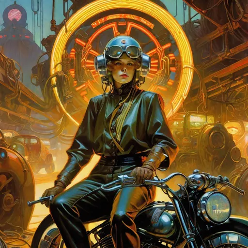 Prompt: An ominous and gloomy 

Atompunk rider
in the  middle of a doomed junkyard

full of hanging hoses and multicolored neon circuitry glowing in the  darkness

, a stunning Alphonse Mucha's masterpiece in <mymodel> sci-fi retro-futuristic  art deco artstyle by Anders Zorn and Joseph Christian Leyendecker

, neat and clear tangents full of negative space 

, a dramatic lighting with detailed shadows and highlights enhancing depth of perspective and 3D volumetric drawing

, a  vibrant and colorful high quality digital  painting in HDR