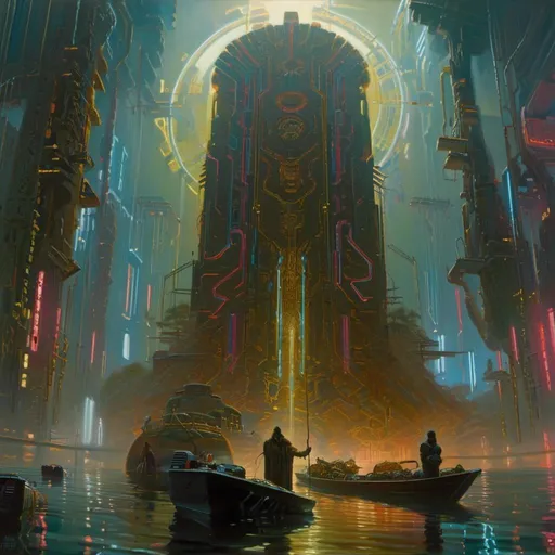 Prompt: A threatening sinister monolith 
in the middle of a gloomy flooded mangroove with multicolored circuitry carvings shedding flaring volumetric light shafts in the darkness 

, a stunning Donato Giancola masterpiece in <mymodel> retro-futuristic sci-fi arc deco artstyle by Anders Zorn and Joseph Christian Leyendecker 

, neat and clear tangents full of negative space 

, ominous dramatic lighting with detailed shadows and highlights enhancing depth of perspective and 3D volumetric drawing

, colorful vibrant painting in HDR with shiny shimmering reflections