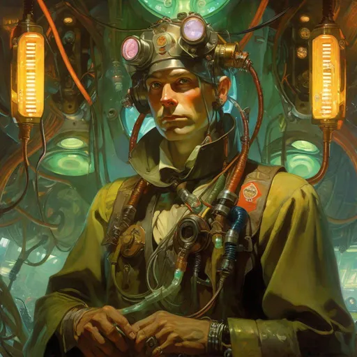 Prompt: An ominous and gloomy 

Tinkerer Artificer 
in the  middle of a doomed junkyard

full of hanging hoses and multicolored neon circuitry glowing in the  darkness

, a stunning Alphonse Mucha's masterpiece in <mymodel> sci-fi retro-futuristic  art deco artstyle by Anders Zorn and Joseph Christian Leyendecker

, neat and clear tangents full of negative space 

, a dramatic lighting with detailed shadows and highlights enhancing depth of perspective and 3D volumetric drawing

, a  vibrant and colorful high quality digital  painting in HDR