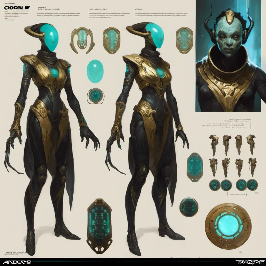 Prompt: A turnaround  reference sheet for the concept  character design of 

an ominous  and gloomy  <mymodel>  alien warframe with carved cyan circuitry glowing in the darkness

, a  stunning Peter Gric's sci-fi masterpiece by Anders  Zorn and Joseph Christian Leyendecker 

, neat and clear  tangents  full of negative space