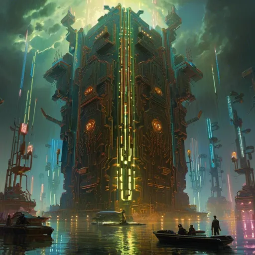 Prompt: A threatening sinister monolith 
in the middle of a gloomy flooded mangroove with multicolored circuitry carvings shedding flaring volumetric light shafts in the darkness 

, a stunning Donato Giancola masterpiece in <mymodel> retro-futuristic sci-fi arc deco artstyle by Anders Zorn and Joseph Christian Leyendecker 

, neat and clear tangents full of negative space 

, ominous dramatic lighting with detailed shadows and highlights enhancing depth of perspective and 3D volumetric drawing

, colorful vibrant painting in HDR with shiny shimmering reflections  and precise ambient occlusion