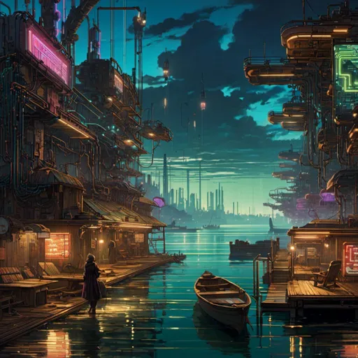 Prompt: A <mymodel> landscape artwork of ominous and gloomy 

docks

on a doomed  seashore

full of multicolored neon circuit board patterns glowing in the darkness

, a stunning Alphonse Mucha's masterpiece in  sci-fi retro-futuristic art deco artstyle by Anders Zorn and Joseph Christian Leyendecker

, neat and clear tangents full of negative space 

, a dramatic lighting with detailed shadows and highlights enhancing depth of perspective and 3D volumetric drawing

, a  vibrant and colorful high quality digital  painting in HDR