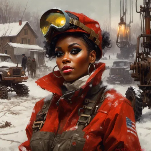 Prompt: A beautiful  <mymodel> portrait 

of Janelle Monae dressed as a mechanic tinkerer 

within a  snowy junkyard
full of hanging hoses and tools

, a stunning Donato Giancola's masterpiece by Anders Zorn and  Joseph Christian Leyendecker