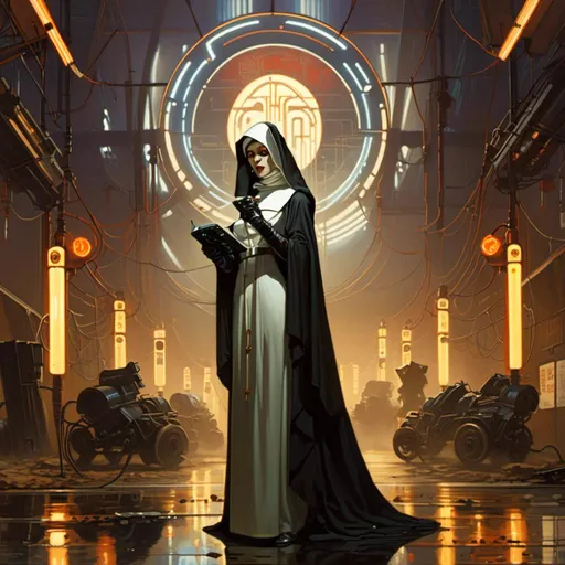 Prompt: An gloomy threatening 

pin-up nun 

in the middle of a doomed sinister wasteland full of neon circuitry  glowing in the darkness 

, a stunning Alphonse Mucha's masterpiece in <mymodel> sci-fi retro-futuristic  art deco artstyle by Anders Zorn and Joseph Christian Leyendecker

, neat and clear tangents full of negative space 

, ominous and  dramatic lighting with detailed shadows and highlights enhancing depth of perspective and 3D volumetric drawing

, a  vibrant and colorful high quality digital  painting in HDR