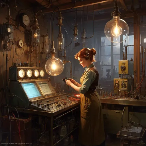 Prompt: A <mymodel> turnaround reference sheet for the concept character design 

of a tinkerer artificer electrician fixing an oscilloscope full of vintage glass radio valves on her  misty workshop full of arcing lightnings


, a stunning Donato Giancola masterpiece in retro-futuristic dieselpunk artstyle by Anders Zorn and Joseph Christian Leyendecker 

, neat and clear tangents full of negative space 

, ominous dramatic lighting with macabre somber shadows and highlights enhancing depth of perspective and 3D volumetric drawing

, colorful vibrant painting in HDR with shiny shimmering reflections and intricate detailed ambient occlusion