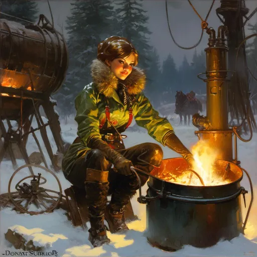 Prompt: An ominous and gloomy 

atompunk blacksmith pin-up
lit by her molten  metal cauldron glowing in the darkness 

of a doomed metal casting  furnace full of hanging hoses and cables

, a stunning Donato Giancola's masterpiece in <mymodel> sci-fi retro-futuristic  art deco artstyle by Anders Zorn and Joseph Christian Leyendecker

, neat and clear tangents full of negative space 

, a dramatic lighting with detailed shadows and highlights enhancing depth of perspective and 3D volumetric drawing

, a  vibrant and colorful high quality digital  painting in HDR